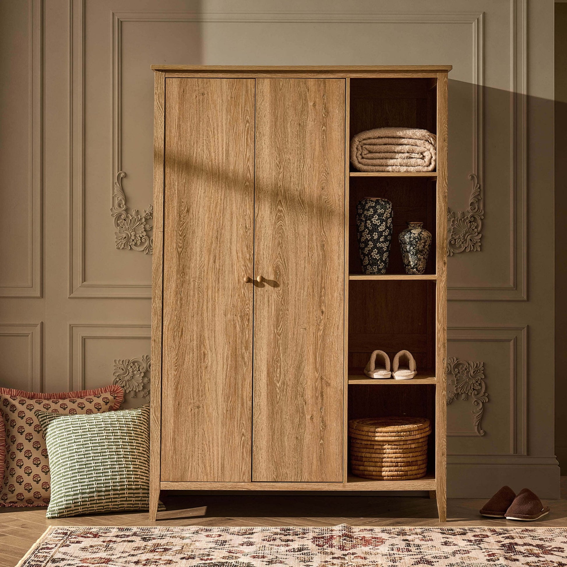 Nell 2 Door Wardrobe with Open Shelves - Light Wood - DUSK