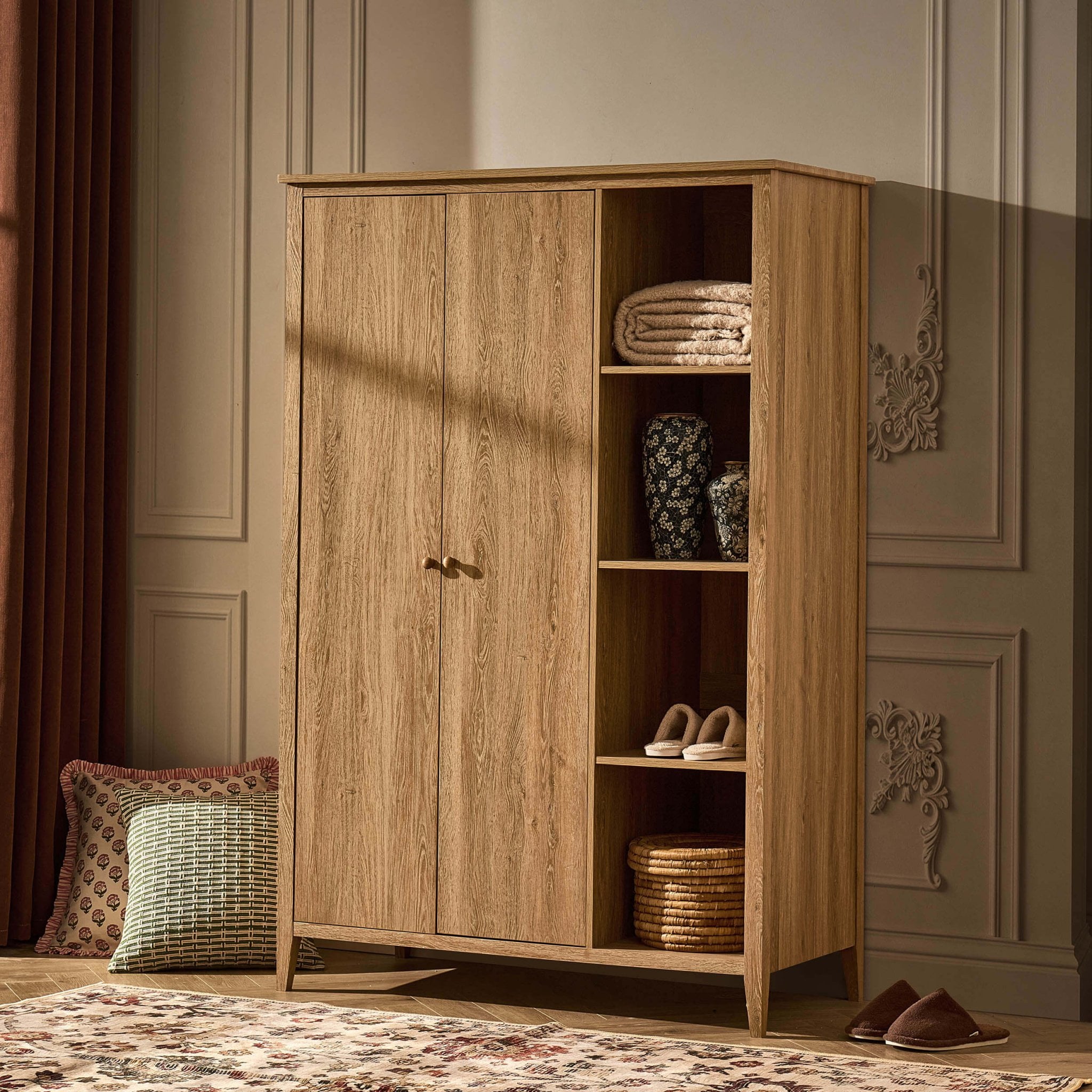 Nell 2 Door Wardrobe with Open Shelves - Light Wood - DUSK