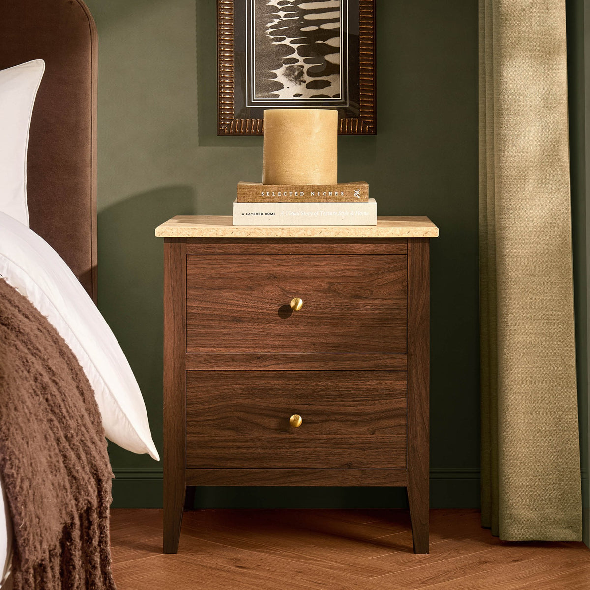 Nell 2 Drawer Bedside Table - Mid Wood/ Travertine Effect - DUSK