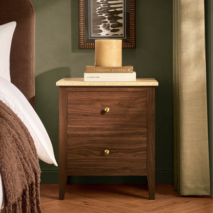 Nell 2 Drawer Bedside Table - Mid Wood/ Travertine Effect - DUSK