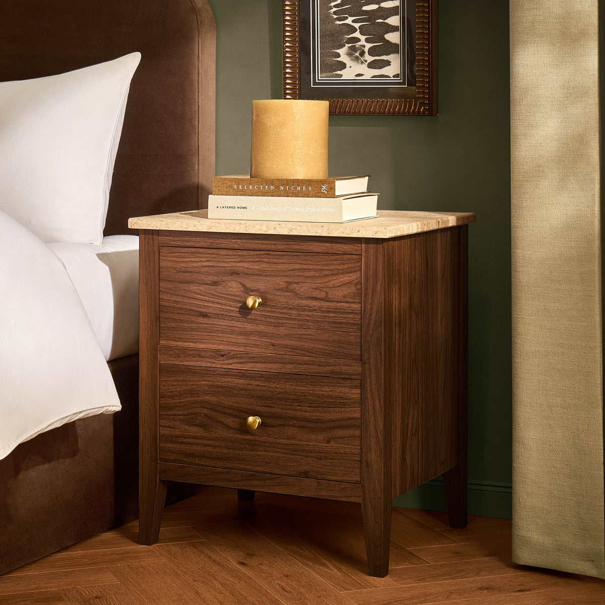 Nell 2 Drawer Bedside Table - Mid Wood/ Travertine Effect - DUSK