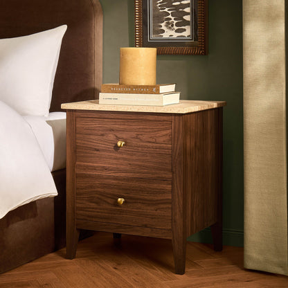 Nell 2 Drawer Bedside Table - Mid Wood/ Travertine Effect - DUSK