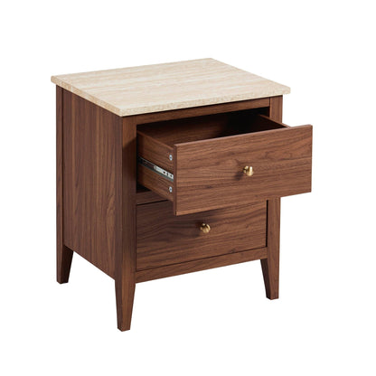 Nell 2 Drawer Bedside Table - Mid Wood/ Travertine Effect - DUSK
