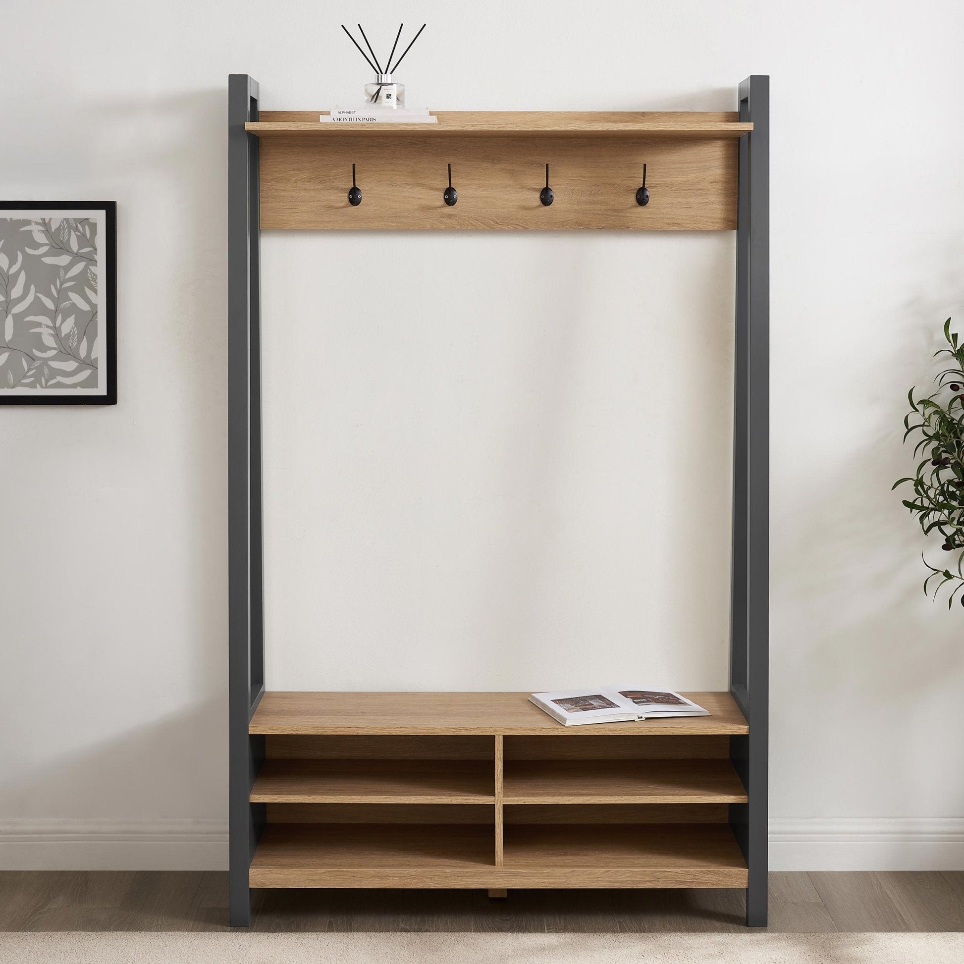 Nell Hallway Shelf with Hooks - Charcoal - DUSK