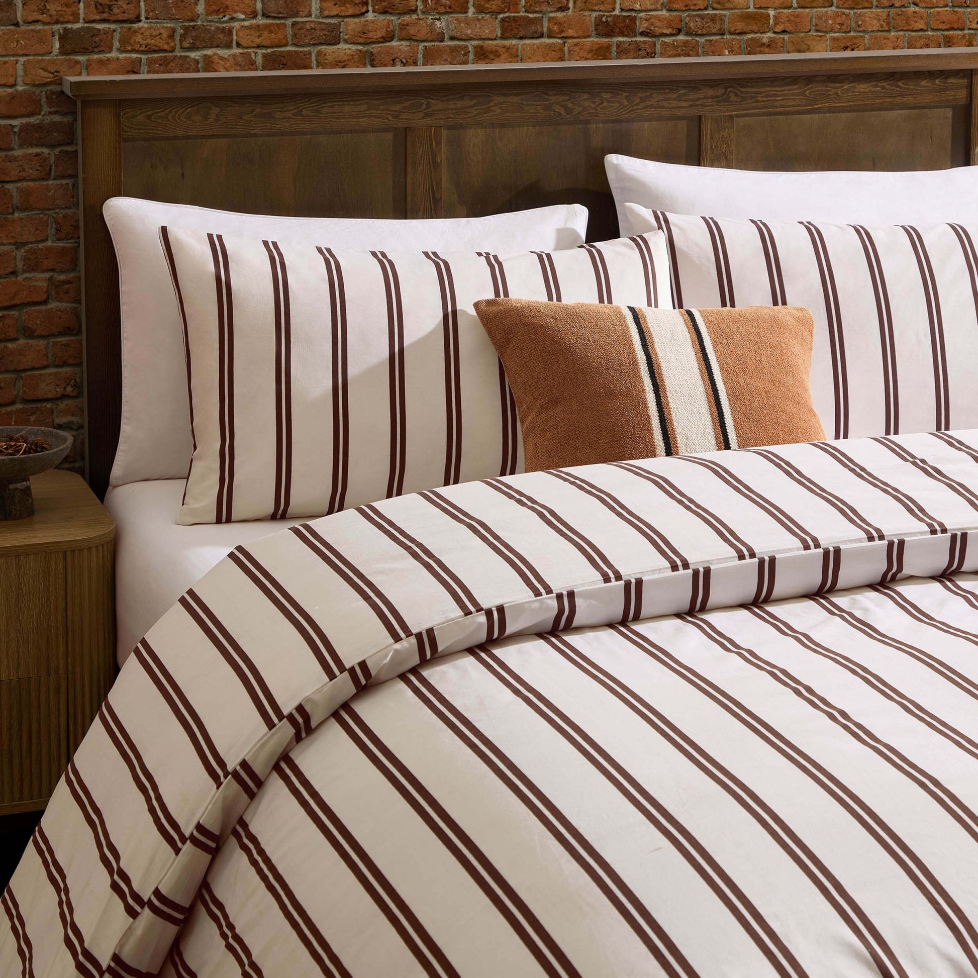 Noa 100% Cotton Stripe Duvet Cover & Pillowcase Set - Chocolate - DUSK