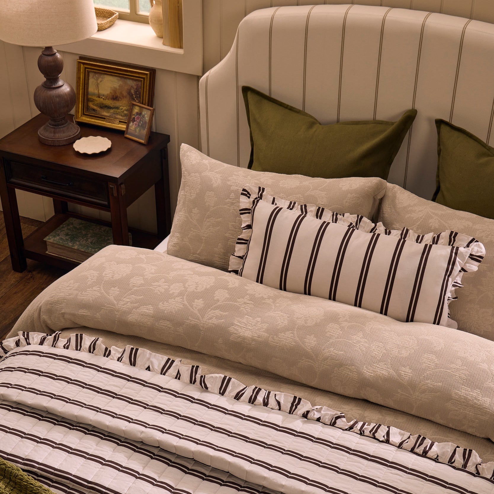 Noa Ruffle Edge Stripe Bedspread - Chocolate - DUSK