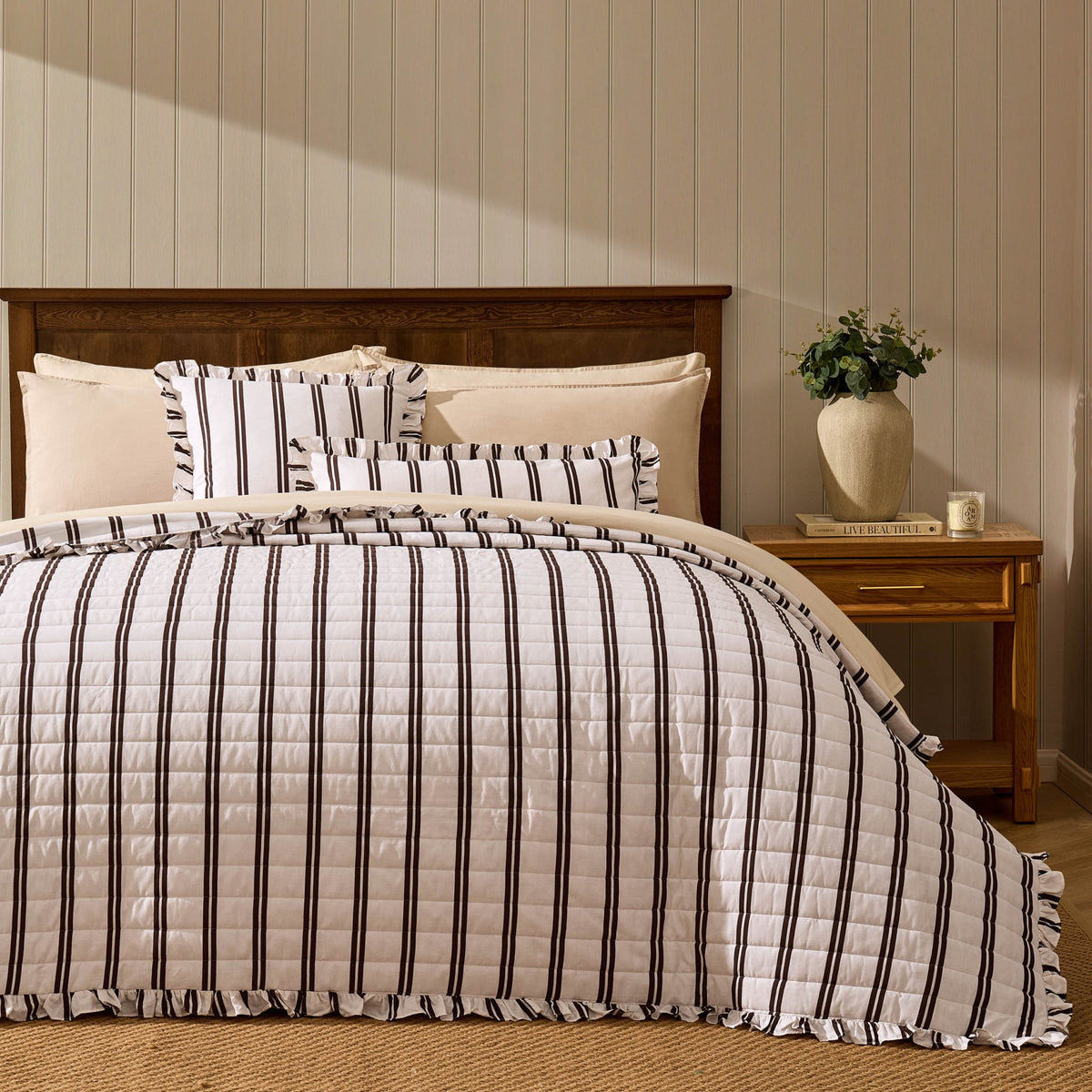 Noa Ruffle Edge Stripe Bedspread - Chocolate - DUSK