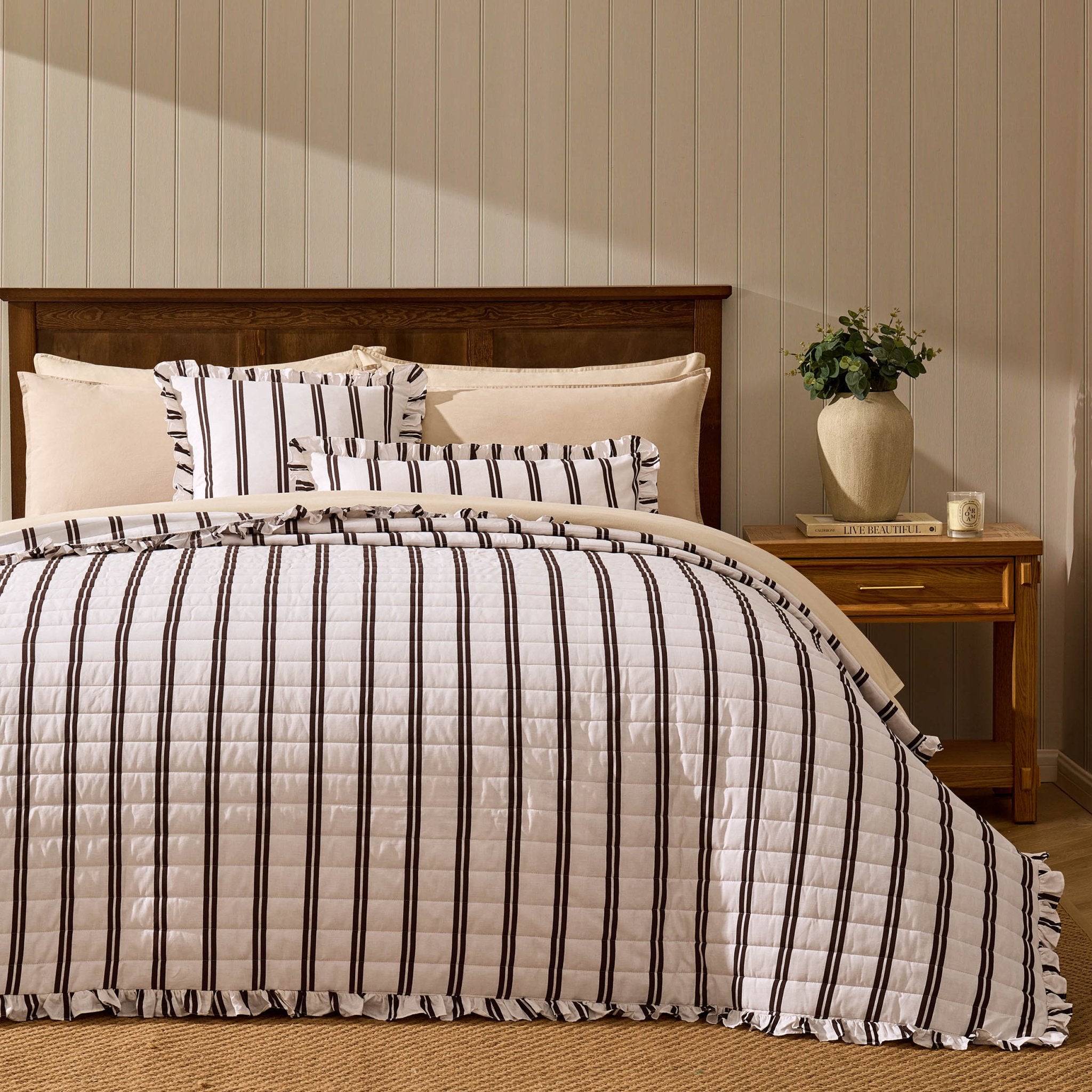 Noa Ruffle Edge Stripe Bedspread - Chocolate - DUSK
