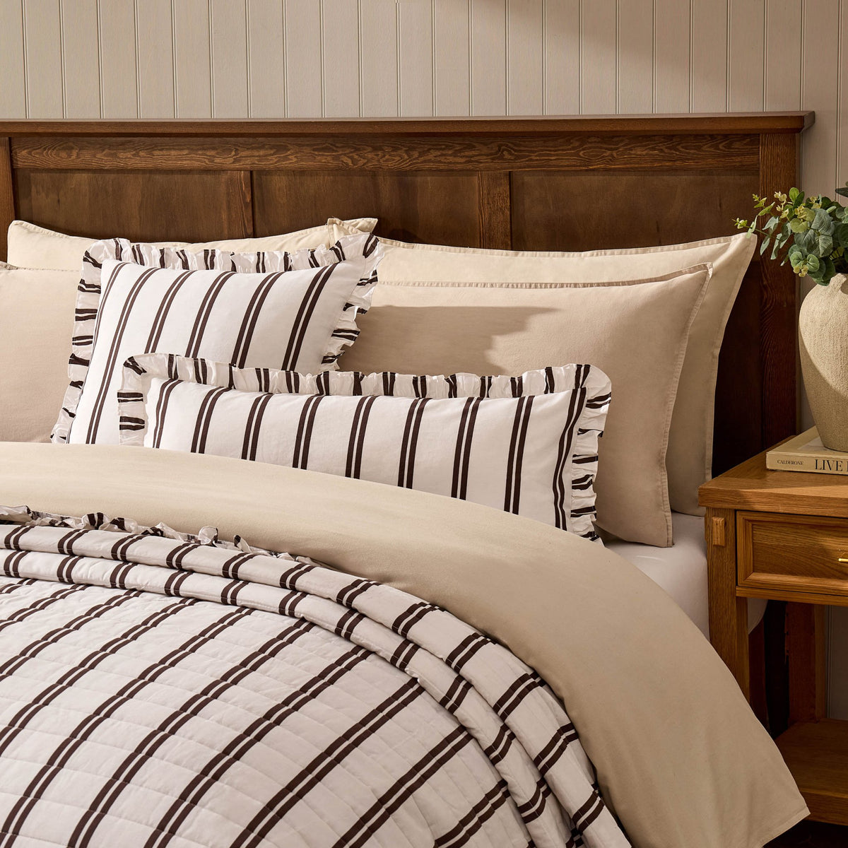Noa Ruffle Edge Stripe Bedspread - Chocolate - DUSK
