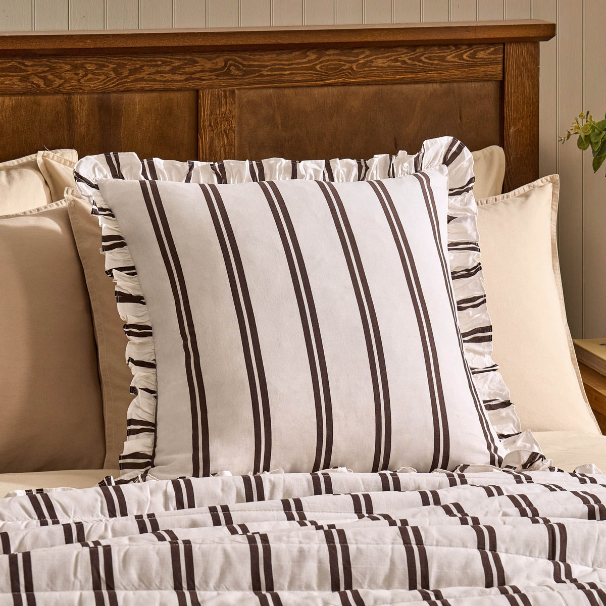 Noa Ruffle Edge Stripe Cushion Cover - Chocolate - DUSK