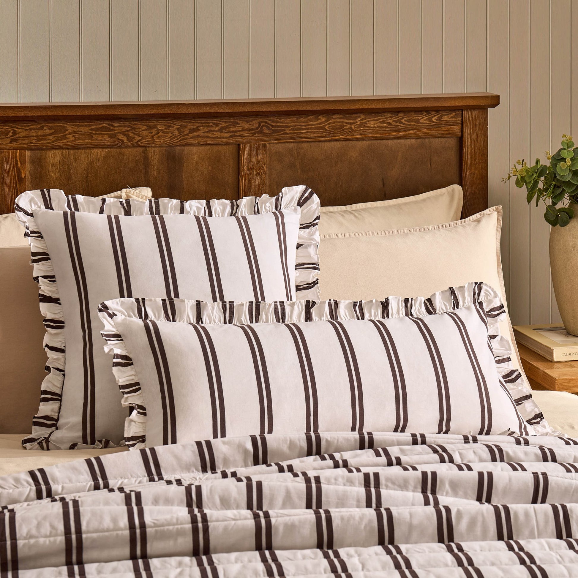 Noa Ruffle Edge Stripe Cushion Cover - Chocolate - DUSK