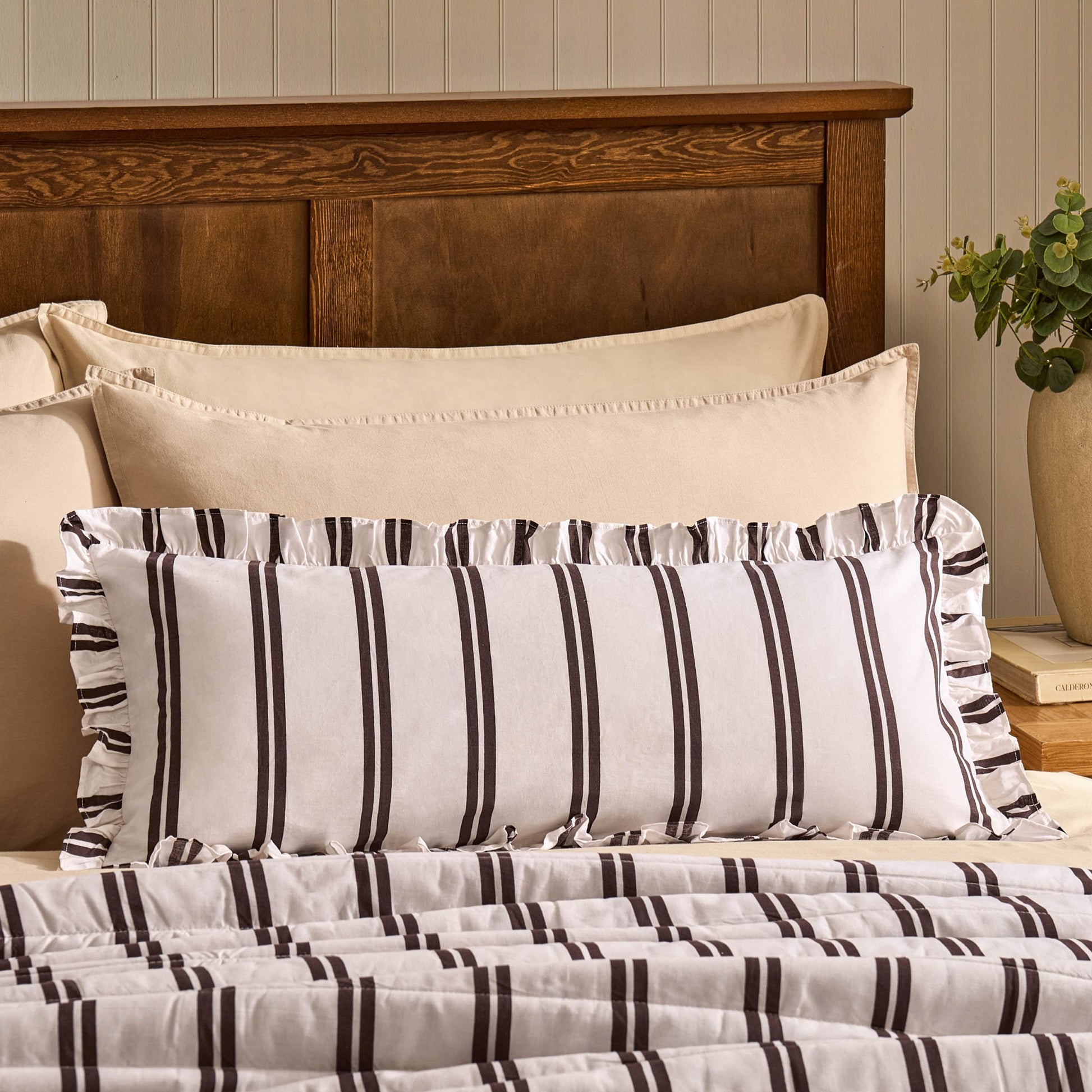 Noa Ruffle Edge Stripe Cushion Cover - Chocolate - DUSK