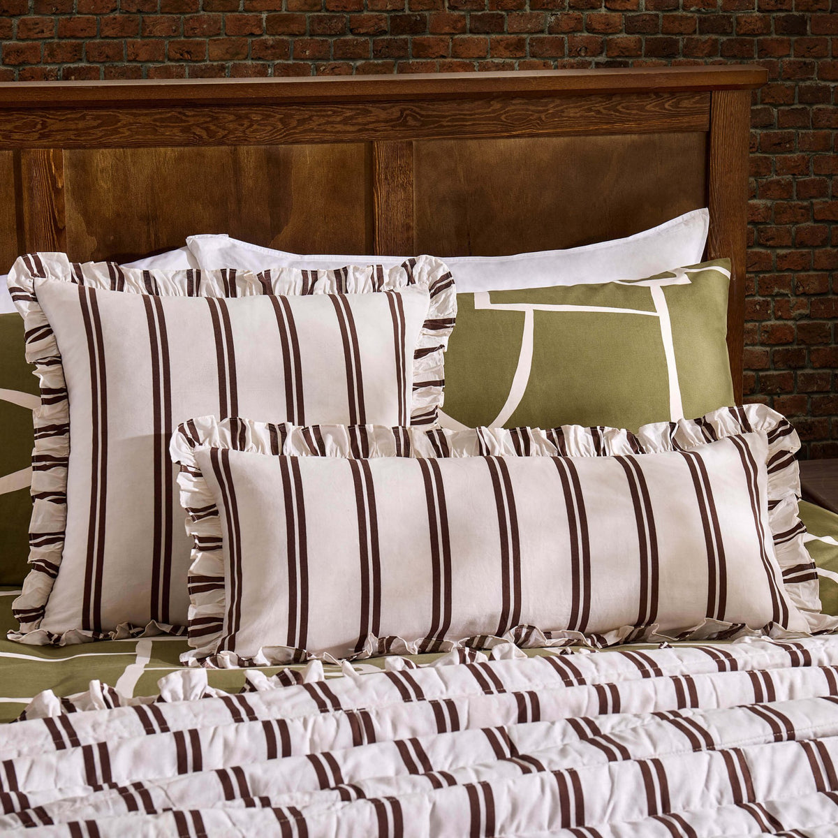 Noa Ruffle Edge Stripe Cushion Cover - Chocolate - DUSK