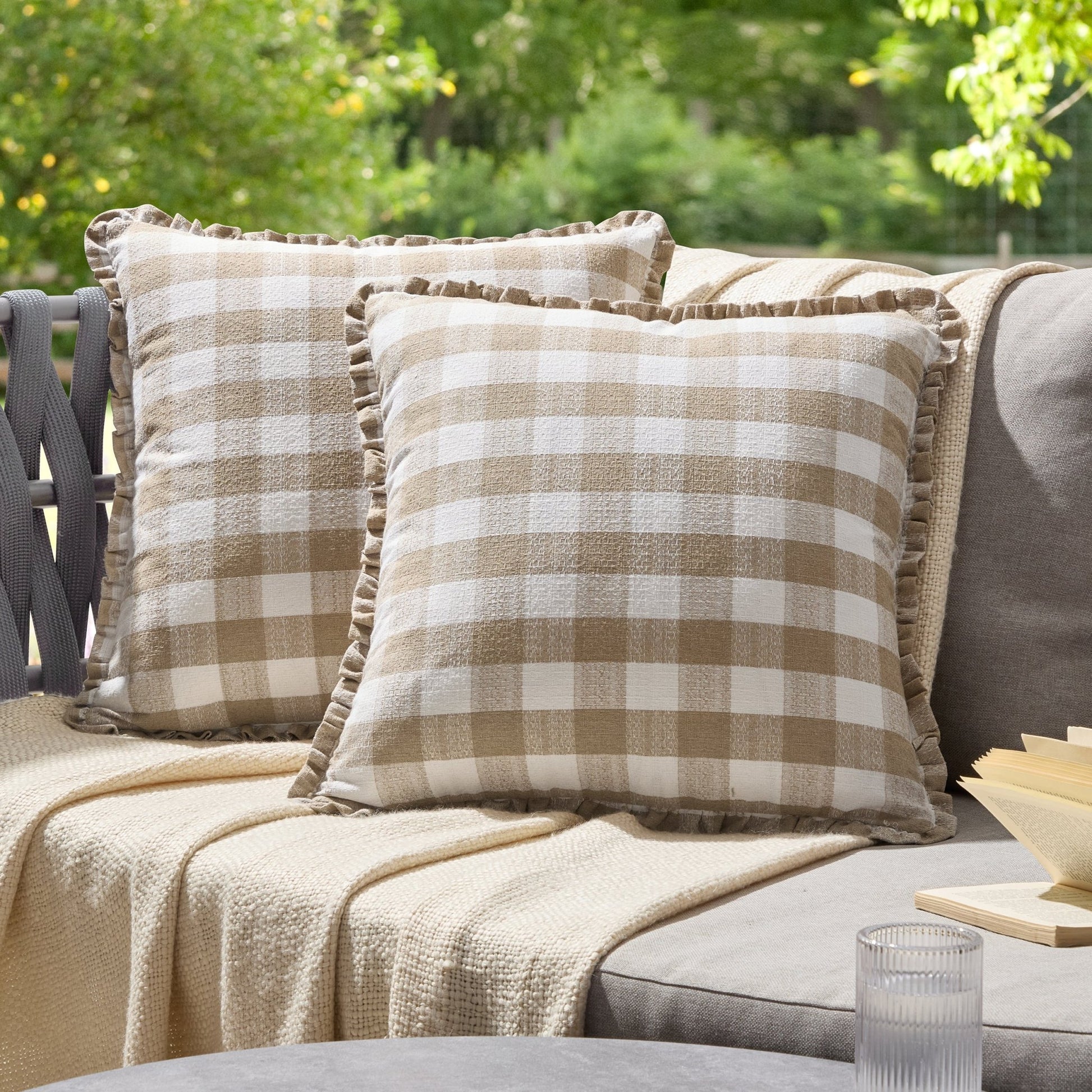 Pack of 2 Gingham Frill Edge Waterproof Outdoor Cushion Covers - Natural - DUSK