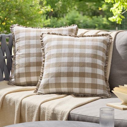 Pack of 2 Gingham Frill Edge Waterproof Outdoor Cushion Covers - Natural - DUSK