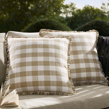 Pack of 2 Gingham Frill Edge Waterproof Outdoor Cushion Covers - Natural - DUSK