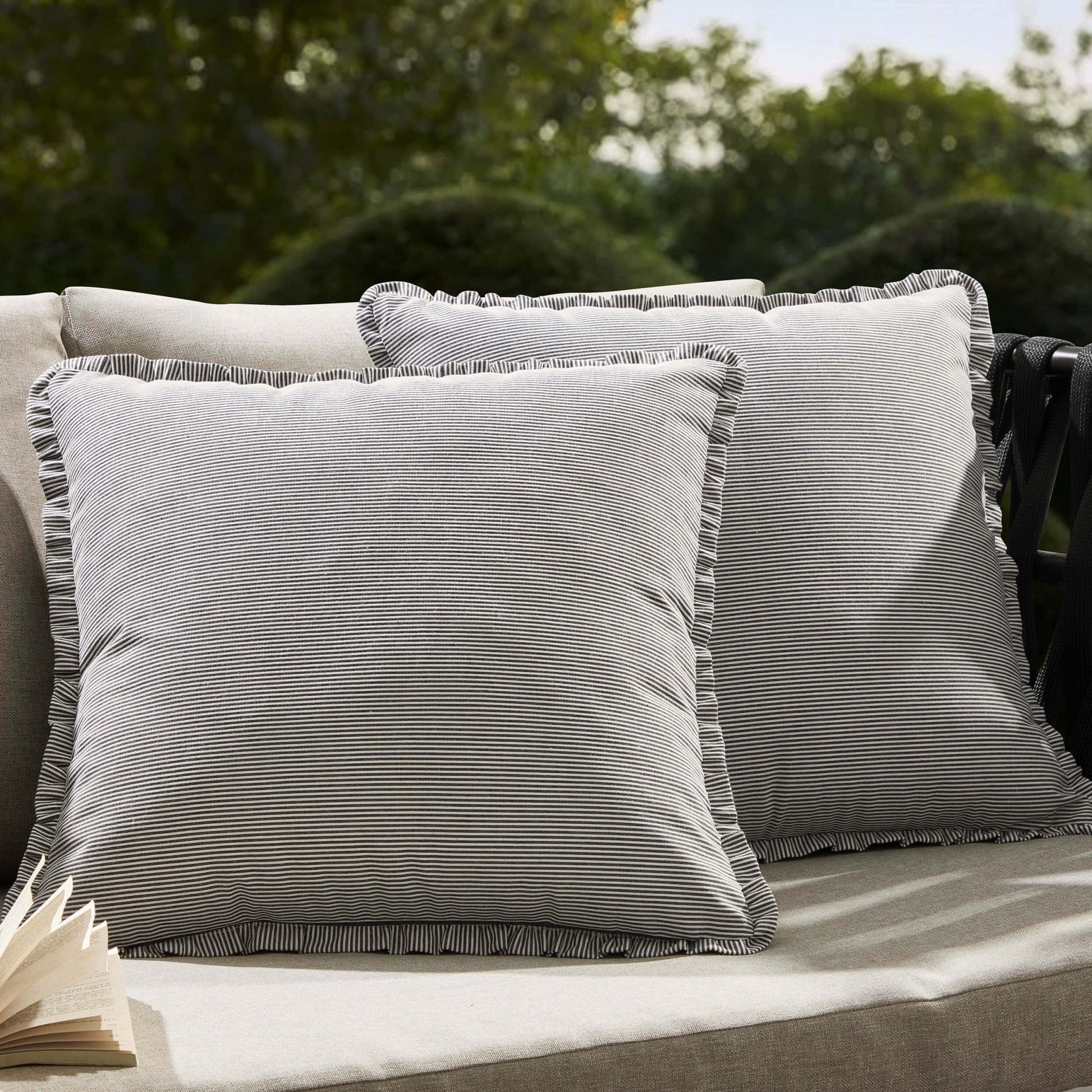 Pack of 2 Stripe Frill Edge Waterproof Outdoor Cushion Covers - Charcoal - DUSK