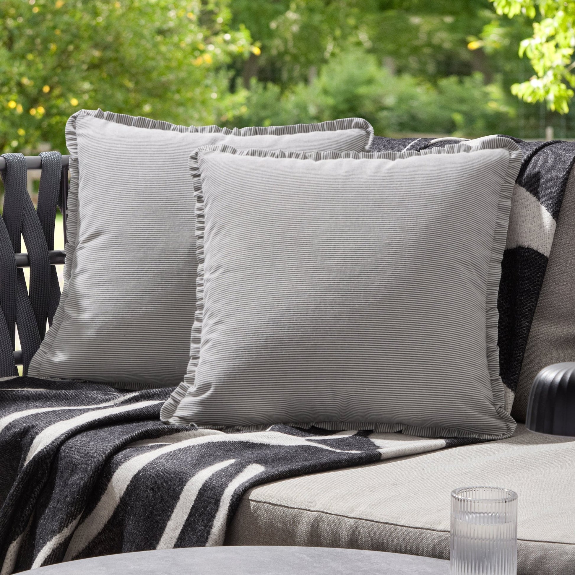 Pack of 2 Stripe Frill Edge Waterproof Outdoor Cushion Covers - Charcoal - DUSK