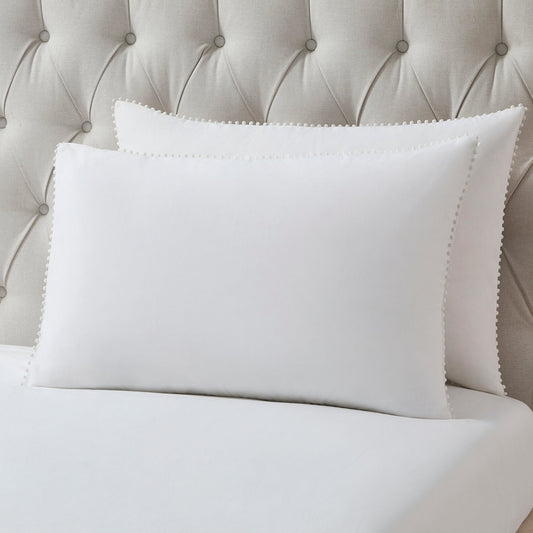 Pair of Girona Pom - Pom Pillowcases - 200 Thread Count - Cotton - White - DUSK