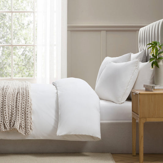 Pair of Girona Pom - Pom Pillowcases - 200 Thread Count - Cotton - White - DUSK