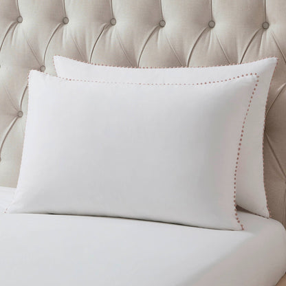 Pair of Girona Pom - Pom Pillowcases - 200 Thread Count - Cotton - White/Pink - DUSK