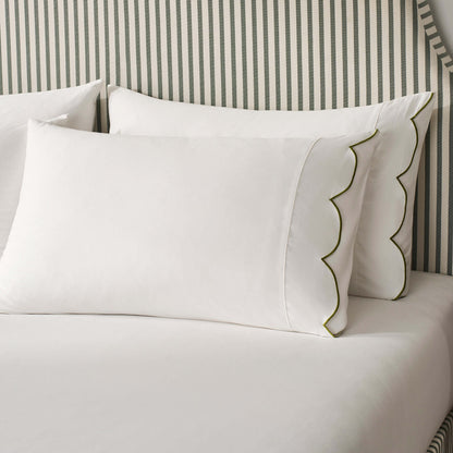 Pair of Simone Scallop Embroidered Edge Classic Pillowcases - Off White/Olive - DUSK