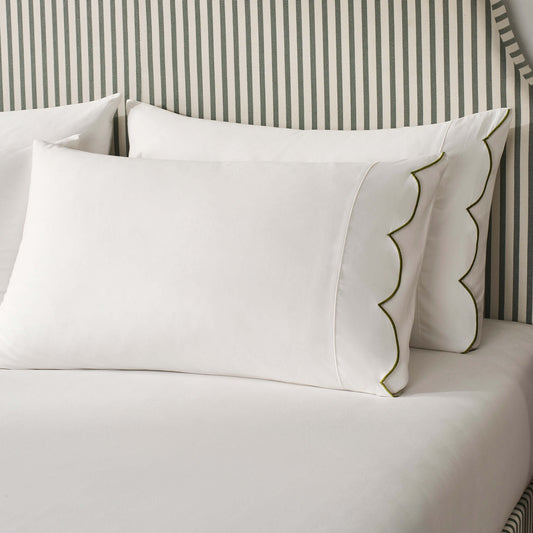 Pair of Simone Scallop Embroidered Edge Classic Pillowcases - Off White/Olive - DUSK