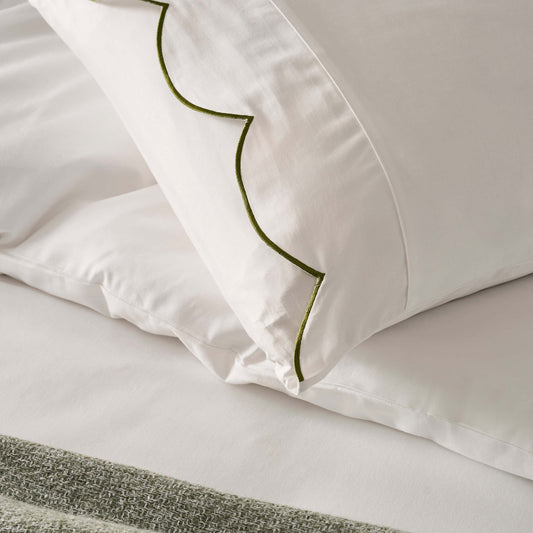 Pair of Simone Scallop Embroidered Edge Classic Pillowcases - Off White/Olive - DUSK