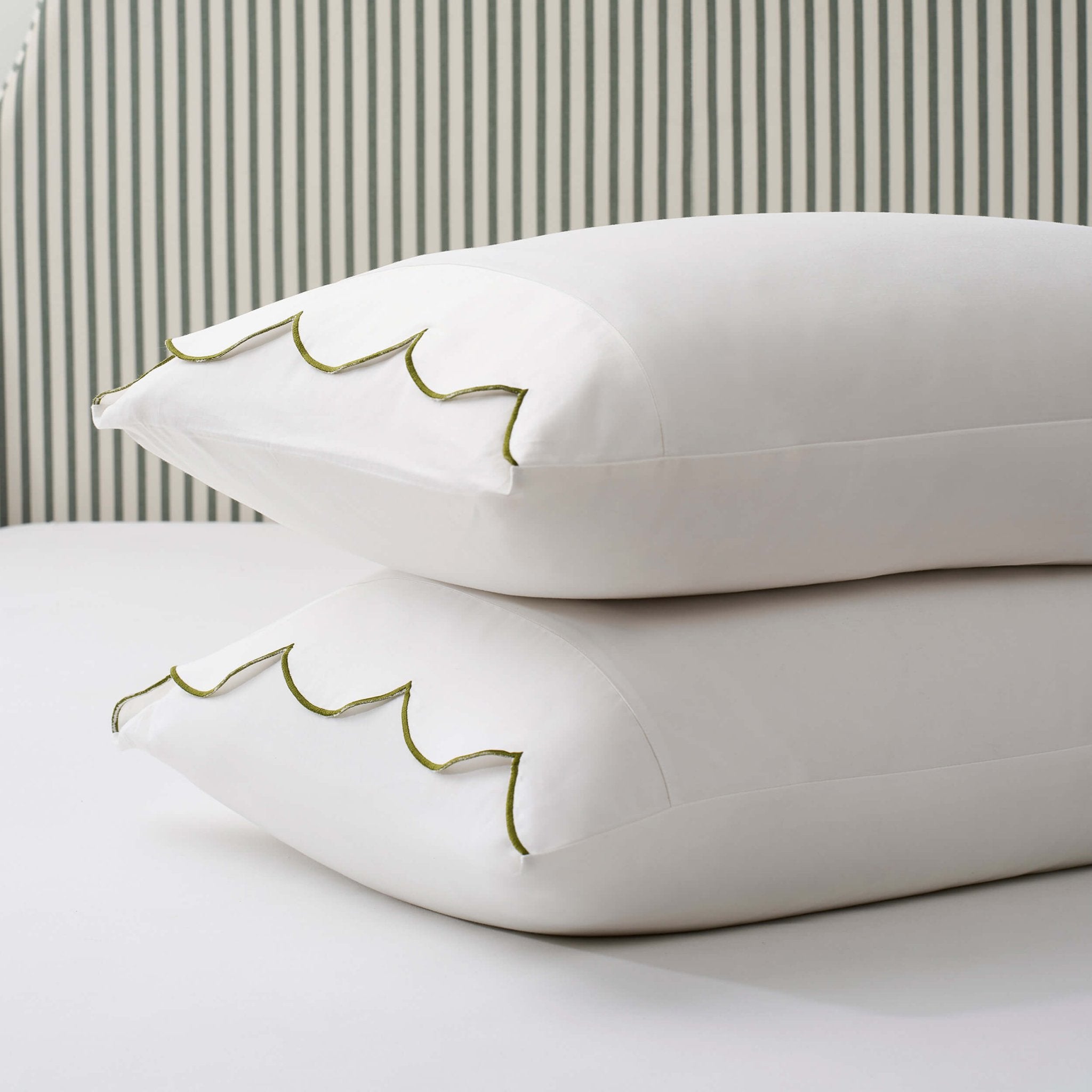 Pair of Simone Scallop Embroidered Edge Classic Pillowcases - Off White/Olive - DUSK