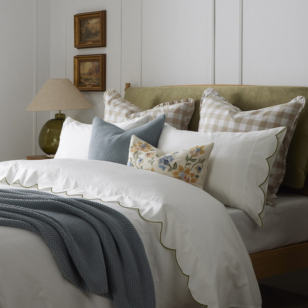 Pair of Simone Scallop Embroidered Edge Classic Pillowcases - Off White/Olive - DUSK