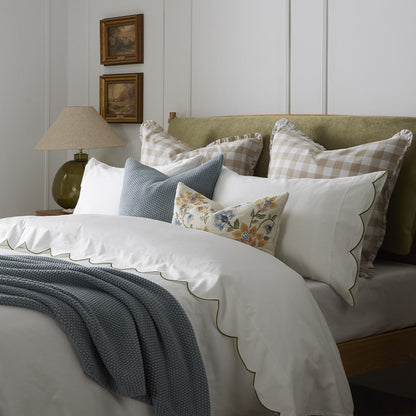 Pair of Simone Scallop Embroidered Edge Classic Pillowcases - Off White/Olive - DUSK