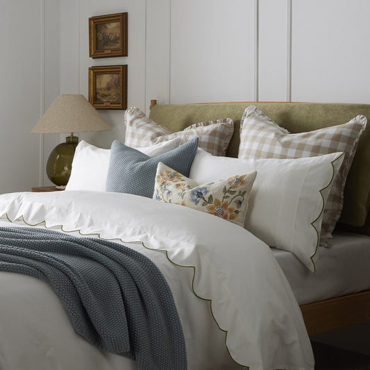 Pair of Simone Scallop Embroidered Edge Classic Pillowcases - Off White/Olive - DUSK