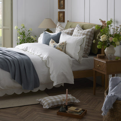 Pair of Simone Scallop Embroidered Edge Classic Pillowcases - Off White/Olive - DUSK