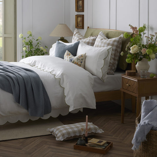 Pair of Simone Scallop Embroidered Edge Classic Pillowcases - Off White/Olive - DUSK