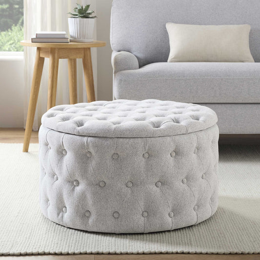 Paisley Buttoned Round Storage Pouffe - Light Grey - DUSK