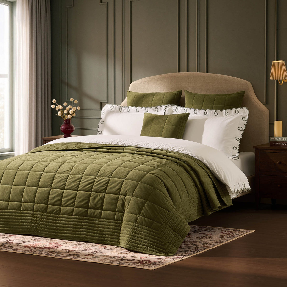 Paris Matte Velvet Quilted Bedspread - Olive Green - DUSK