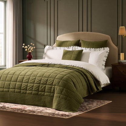 Paris Matte Velvet Quilted Bedspread - Olive Green - DUSK