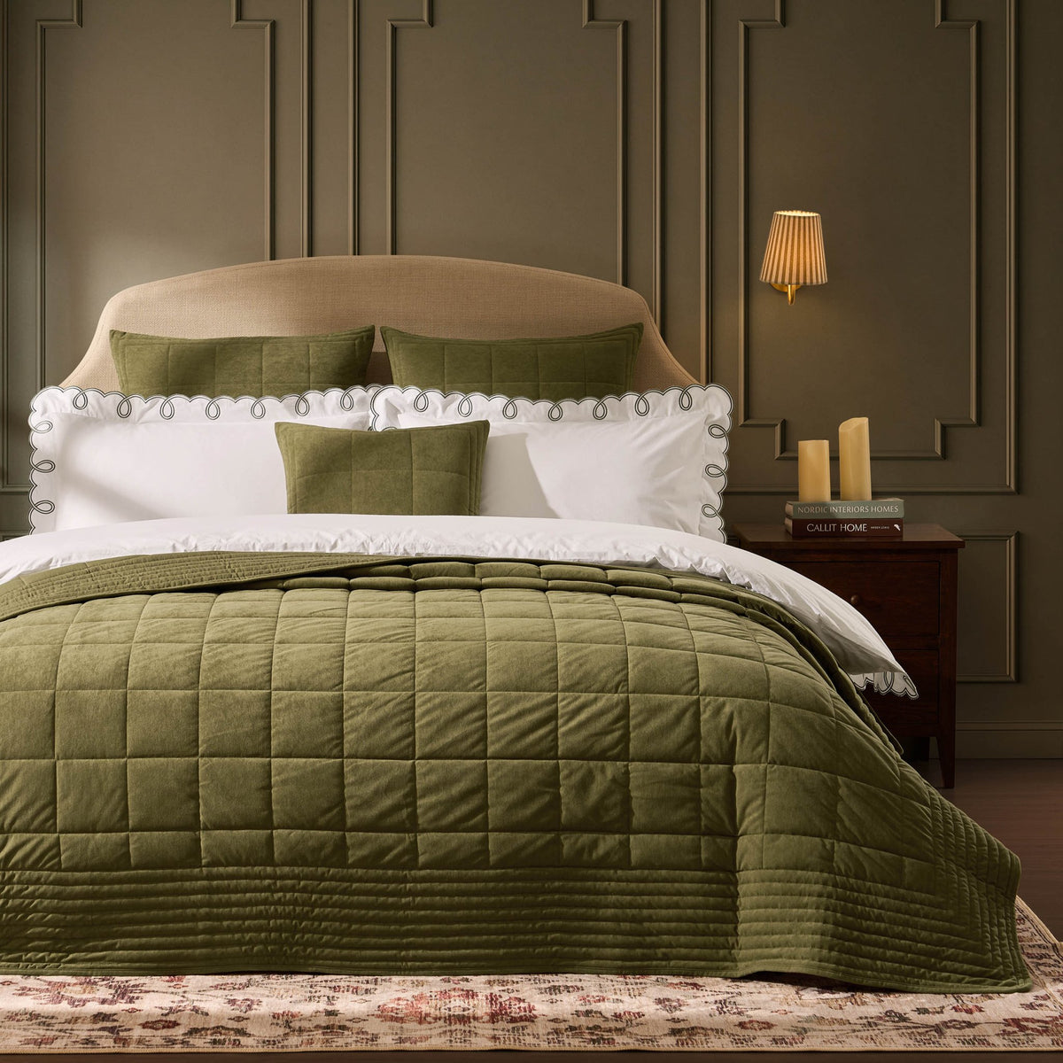 Paris Matte Velvet Quilted Bedspread - Olive Green - DUSK