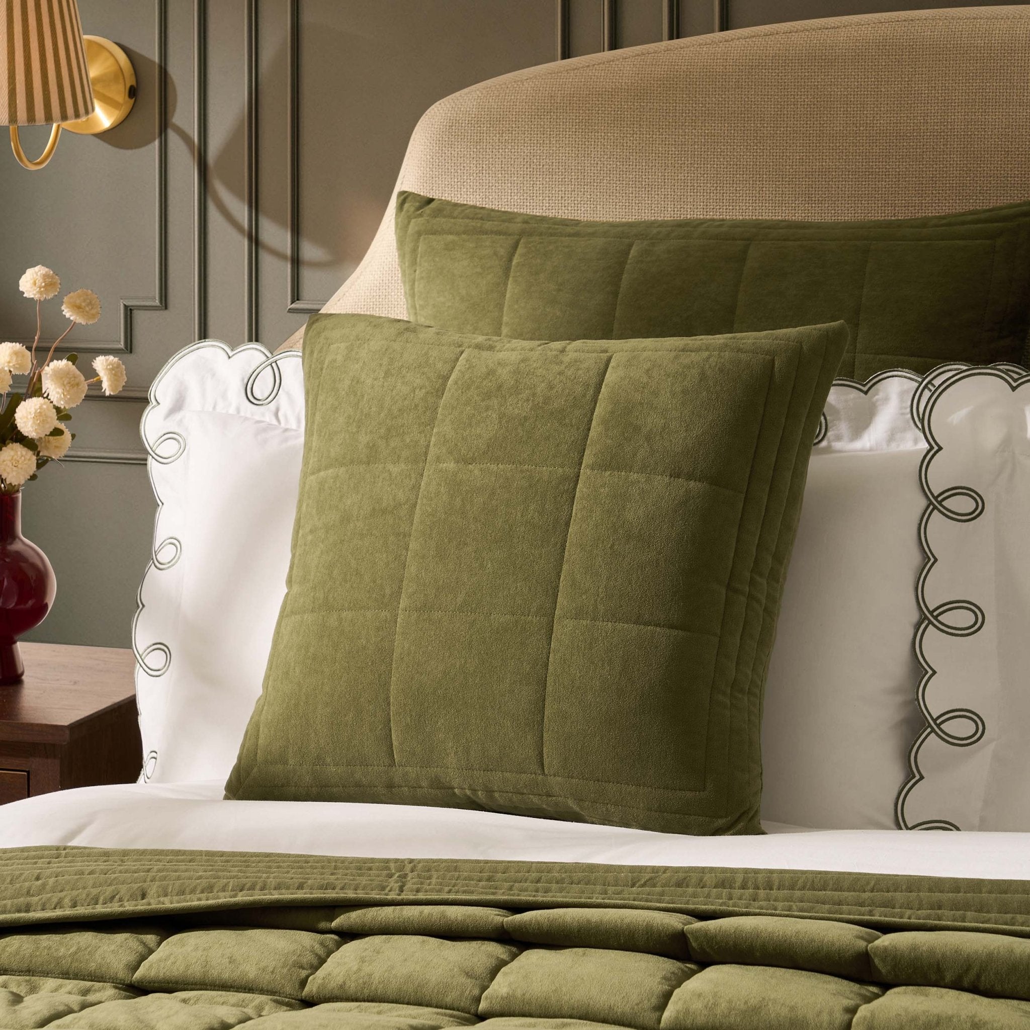 Paris Matte Velvet Quilted Cushion Cover - Olive Green - DUSK