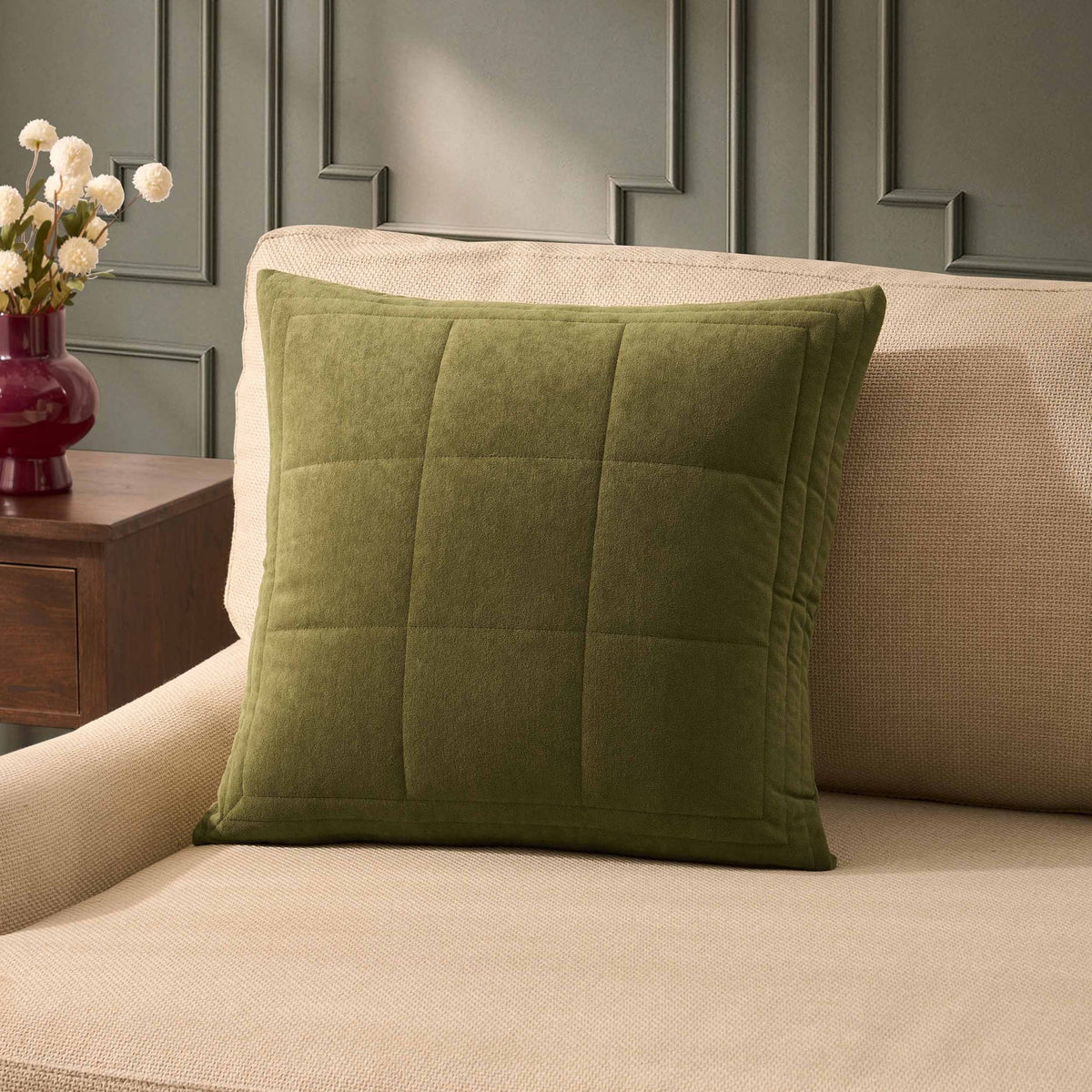 Paris Matte Velvet Quilted Sofa Cushion Cover - Olive Green - DUSK
