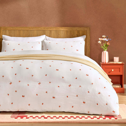 Peach Embroidery 100% Cotton Muslin Duvet Cover & Pillowcase Set - Peach - DUSK