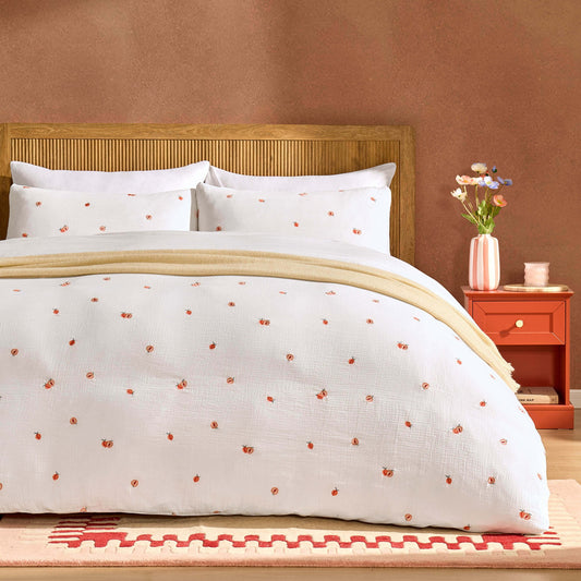 Peach Embroidery 100% Cotton Muslin Duvet Cover & Pillowcase Set - Peach - DUSK