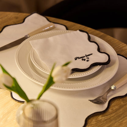 Please leave by 9 Scallop Edge Set of 4 Napkins - Off White/Black - DUSK