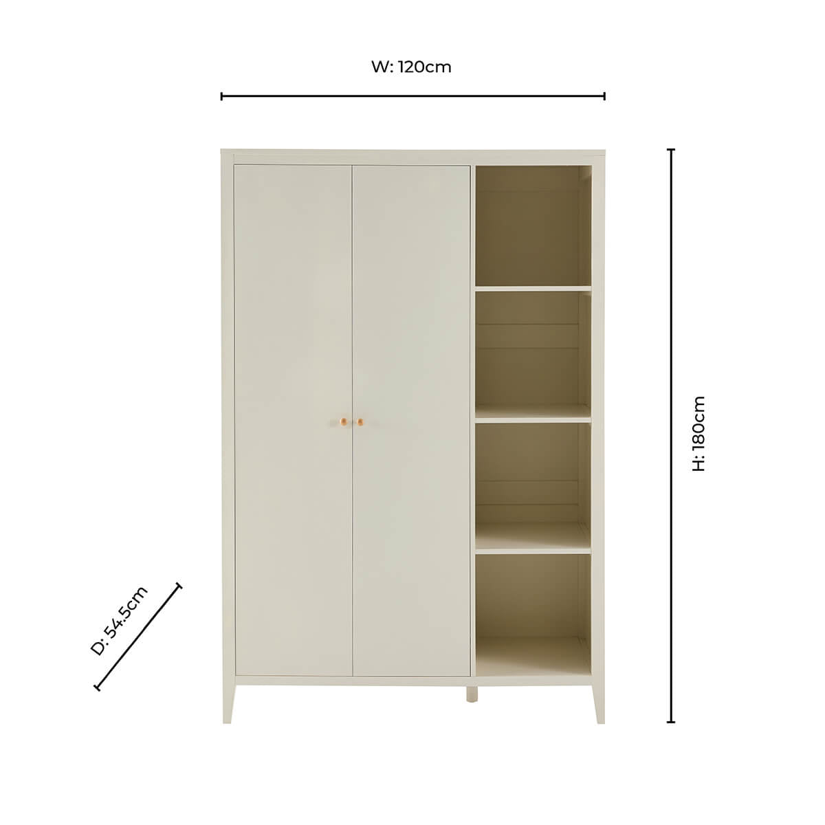 Poppy 2 Door Wardrobe with Open Shelves - Cream - DUSK