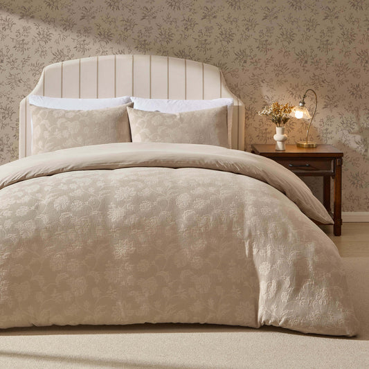 Portia Jacquard Waffle Duvet Cover & Pillowcase Set - Stone - DUSK