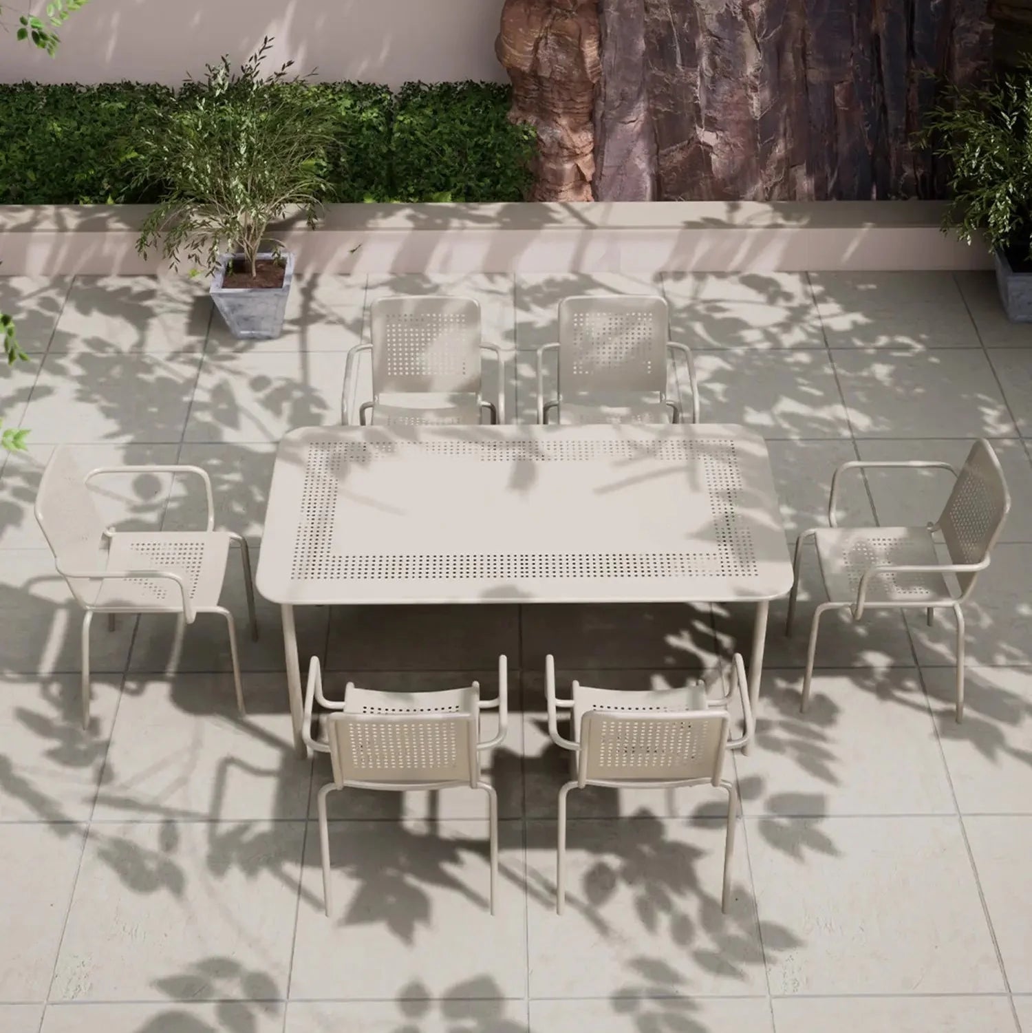 Porto Outdoor 6 Seater Rectangular Dining Table and Stacking Chairs - Champagne - DUSK