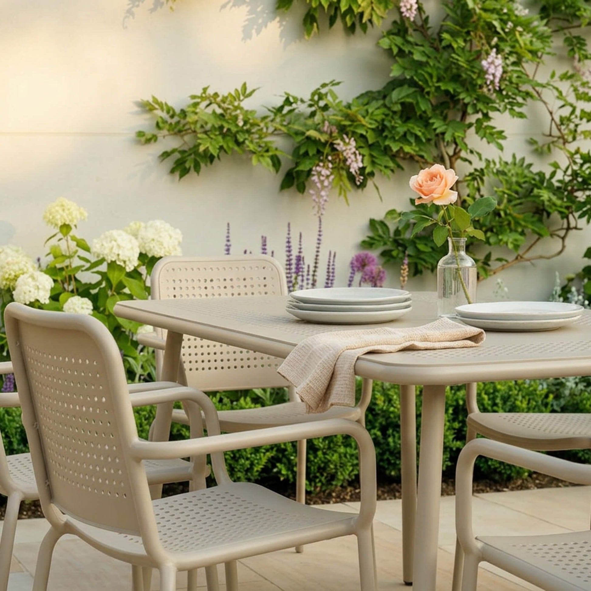 Porto Outdoor 6 Seater Rectangular Dining Table and Stacking Chairs - Champagne - DUSK