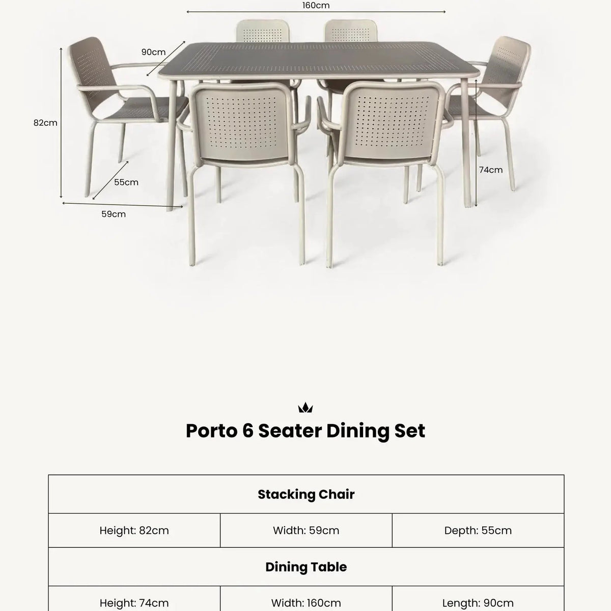 Porto Outdoor 6 Seater Rectangular Dining Table and Stacking Chairs - Champagne - DUSK