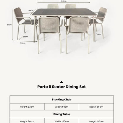 Porto Outdoor 6 Seater Rectangular Dining Table and Stacking Chairs - Champagne - DUSK