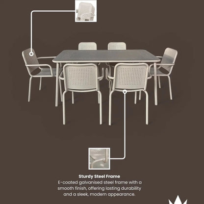 Porto Outdoor 6 Seater Rectangular Dining Table and Stacking Chairs - Champagne - DUSK